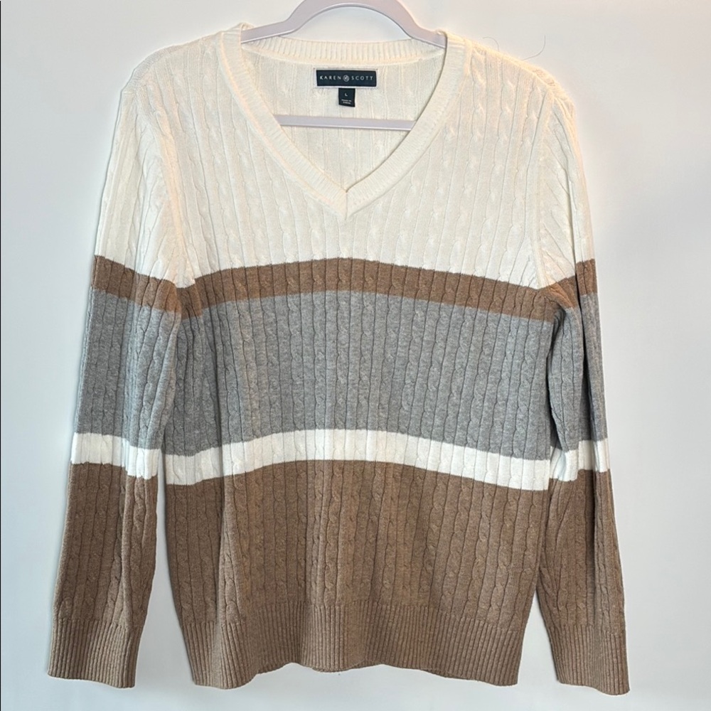 Karen Scott Striped V-Neck Pullover Sweater in Cream, Gray, and Brown